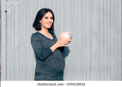 Happy Pregnant Woman Holding Piggy Bank 
Wise Mother To Be Starting A Trust Fund For Her Newborn
