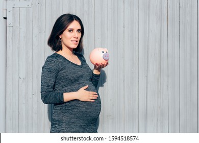 Happy Pregnant Woman Holding Piggy Bank 
Wise Mother To Be Starting A Trust Fund For Her Newborn
