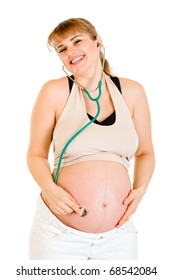 Happy Pregnant Woman Holding Stethascope On Her Belly Isolated On White