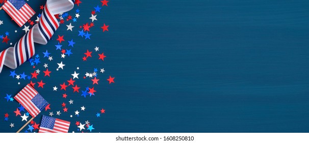 Happy Presidents Day banner with grosgrain ribbon, American flags and confetti stars on blue background. USA Independence Day, American Labor day, Memorial Day, US election concept. - Shutterstock ID 1608250810