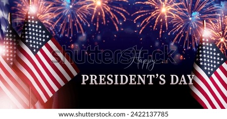 Happy Presidents Day Concept banner with the US national Flag against a collage of fireworks in the night sky.