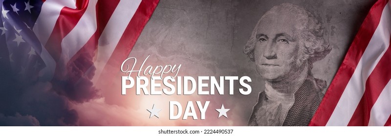 Happy Presidents Day Concept with the US national Flag against a portrait of George Washington Face cut of Dollar bills. - Shutterstock ID 2224490537