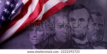 Happy Presidents Day Concept with the US national Flag against a collage of four American Presidents portraits cut of Dollar bills.