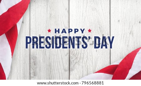 Happy Presidents' Day Typography Over Distressed White Wood Background with American Flag Border