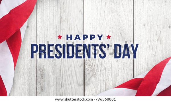 Happy Presidents\' Day\
Typography Over Distressed White Wood Background with American Flag\
Border