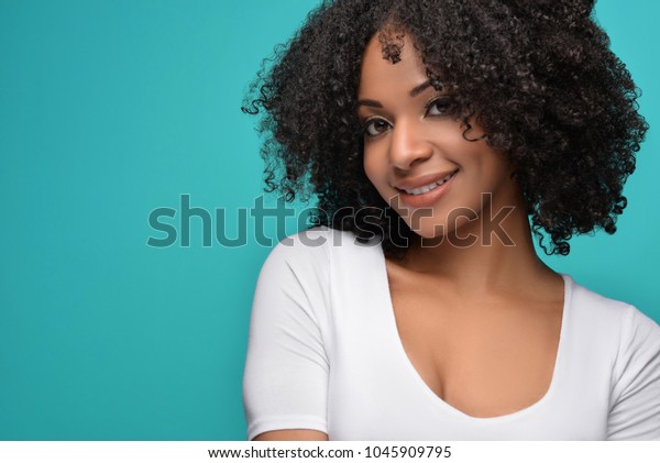 Happy Pretty Black Woman Wearing White Stock Photo Edit Now