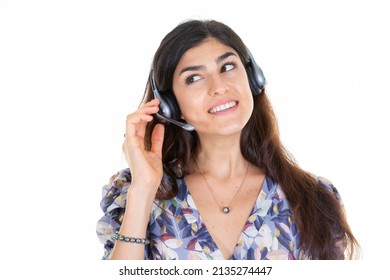 Happy Pretty Call Center Consultant Woman With Head Set Phone Headset In White Background