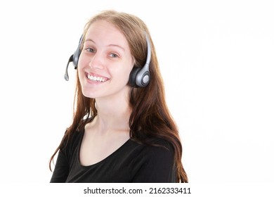 Happy Pretty Call Center Consultant Woman Young Blonde With Head Set Phone Headset In White Background