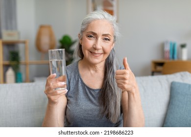 Happy Pretty Caucasian Senior Gray-haired Female Holds Glass Of Water And Shows Thumb Up, Approving Health Care In Living Room Interior. Aqua Balance, Thirst And Prevent Dehydration, Healthy Lifestyle