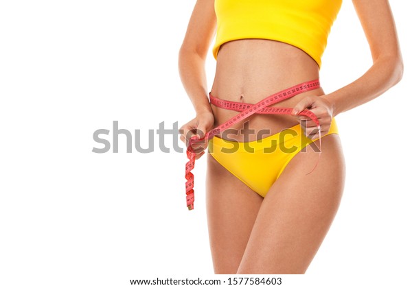 Happy Pretty Tanned Woman Measure Tape Stock Photo Edit Now