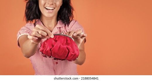 Happy Pretty Woman With Brunette Hair Hold Red Wallet, Money