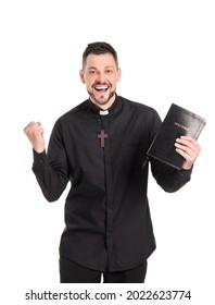 Happy Priest With Bible On White Background