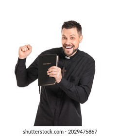 Happy Priest With Bible On White Background