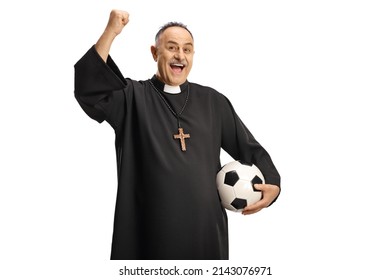 Happy Priest Football Supporter Holding A Ball And Cheering Isolated On White Background