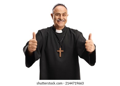 Happy Priest Gesturing With Both Thumbs Up And Smiling At Camera Isolated On White Background