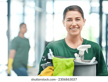Happy, product and portrait of a woman with a cleaning service, tools and bucket for work. Smile, office and a young female cleaner with products to clean a workplace, disinfection staff and job - Shutterstock ID 2306863037