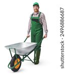 Happy professional gardener pushing an empty wheelbarrow, isolated on white background