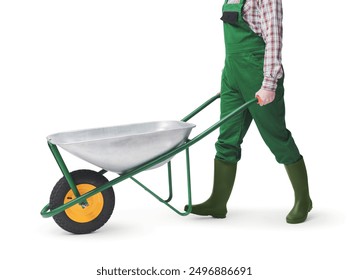 Happy professional gardener pushing an empty wheelbarrow, white background