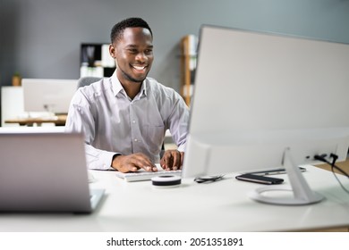 Happy Professional Man Employee Using Computer For Work