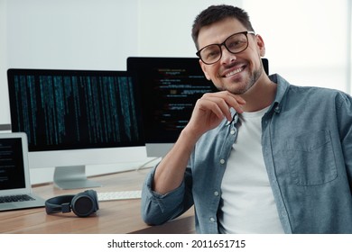 Happy Programmer Working At Desk In Office