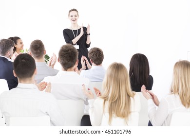 Happy Proud Employer Applauding And Thanking To Her Company's Team For A Hard Good Job