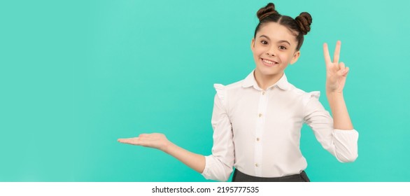 Happy Pupil Give V Sign Showing Open Hand For Copy Space Back To School Sale. Child Face, Horizontal Poster, Teenager Girl Isolated Portrait, Banner With Copy Space.