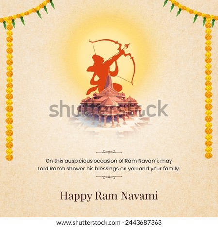 Happy Ram Navami festival of India. Lord Rama with arrow ayodhya