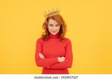 Happy Redhead Woman In Crown. Self Confident Queen. Expressing Smug. Arrogant Princess In Tiara. Proud Woman Smiling. Egoistic Girl Wear Diadem. Arrogance And Selfishness. Portrait Of Glory.