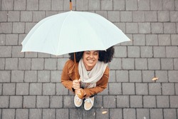 Happy, Relax And Girl With Rain Umbrella Enjoying Outdoor, Urban And Winter Weather With Excited Smile. Happiness, Peace And Wellness Of Black Woman With Afro Standing In Rainy City Top View.