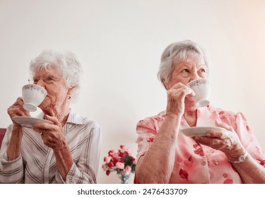 Happy, relax and senior women with tea, house and bonding together with break, smile and friends. Old people, nursing home and mature ladies with cup for coffee, herbal beverage and care in lounge - Powered by Shutterstock