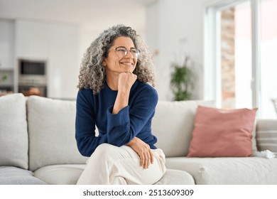 Happy relaxed 50 years old woman sitting on sofa at home looking away. Smiling middle aged lady posing in living room at home. Mature older female with curly gray hair relaxing on couch enjoying chill - Powered by Shutterstock