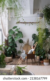 Happy Relaxed Woman Remote Worker Resting, Stretching Arms While Working At Nature-inspired Home Office Filled With Many Different Exotic Indoor Plants, Sitting With Laptop On Chair In Home Garden