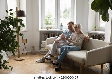 Happy Retired Older Couple Sitting On Couch In New Home Interior, Using Online App On Mobile Phone, Shopping On Internet, Sharing Gadget, Talking On Video Call. Communication, Retirement