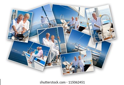 A Happy Retired Senior Couple Sailing A Sail Boat Or Yacht On A Calm Blue Sea, Smiling And Laughing Together