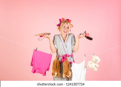 Happy Retro Housewife. Busy Mother. Vintage Housekeeper Woman. Multitasking Mom. Performing Different Household Duties. Maid Or Housewife Cares About House. Housewife In Good Mood