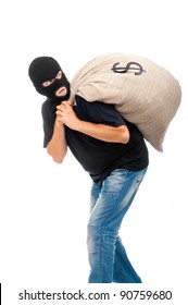 Happy Robber Carries Sack Full Of Dollars Isolated On White