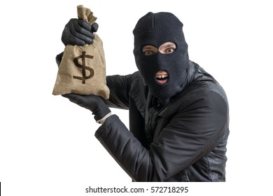 Happy Robber Is Showing Stolen Bag Full Of Money. Isolated On White Background.