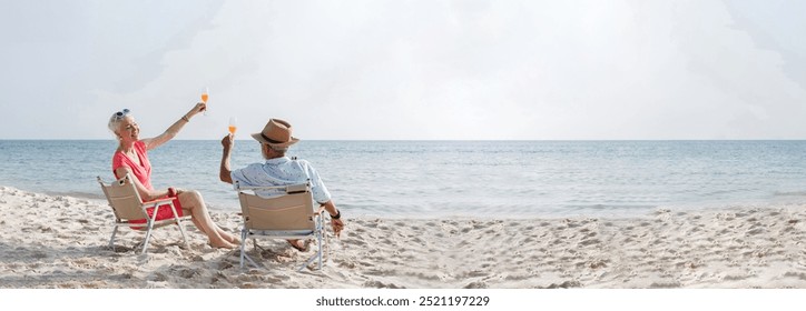 Happy romantic couple caucasian senior woman travel nature ocean relaxing and drink orange juice at tropical beach, Healthy seniors lifestyle, Savings and senior health insurance concept. - Powered by Shutterstock