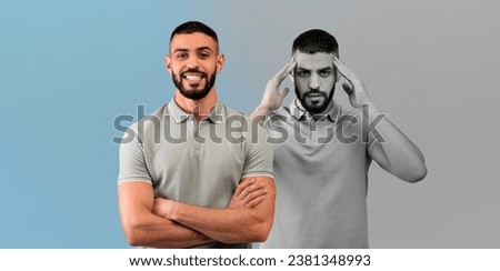 Happy, sad millennial arab guy suffer from depression, stress, headache on blue and gray background, panorama. Mental problems, negative emotions, lifestyle and facial expression, migraine