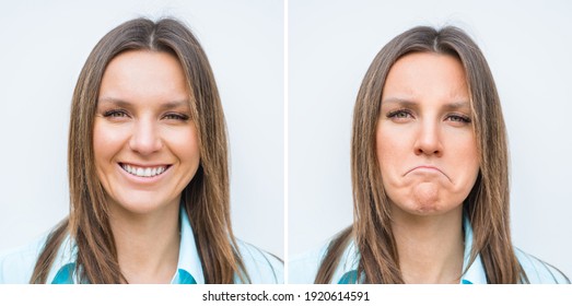 Happy And Sad Woman Face. Young Woman Expressing Different Emotions. Different Moods Of Same Woman. Bipolar Disorder