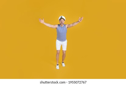 Happy sailor wearing cap on yellow background - Shutterstock ID 1955072767