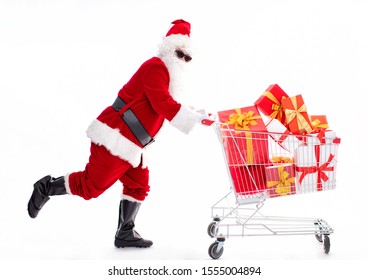 Happy Santa Claus With Christmas Shopping Cart