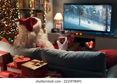 Happy Santa Claus relaxing on the couch at home and watching movies on TV - Powered by Shutterstock