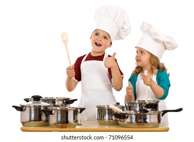 Happy Satisfied Chef And His Aid - Kids With Cooking Utensils, Isolated