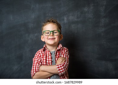 Happy school boy with big smile. Pupil in glasses against blackboard. Home education