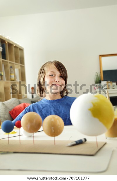 Happy School Boy Making Solar System Stock Photo Edit Now