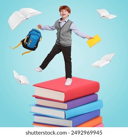 Happy schoolboy with backpack and textbook on stack of books against light blue background. Back to school - Powered by Shutterstock