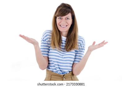 So Happy To See You. Young Beautiful Woman Surprise Raising Hands And Looking At The Camera With Smile Isolated Over White Background, Thrilled Excited Concept. Studio Shot