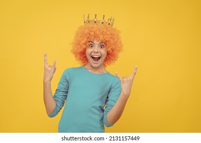 Happy Selfish Child Girl In Curly Wig And Princess Diadem, Happiness