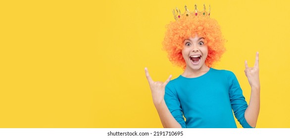 Happy Selfish Child Girl In Curly Wig And Princess Diadem, Happiness. Funny Teenager Child In Wig, Party Poster. Banner Header, Copy Space.